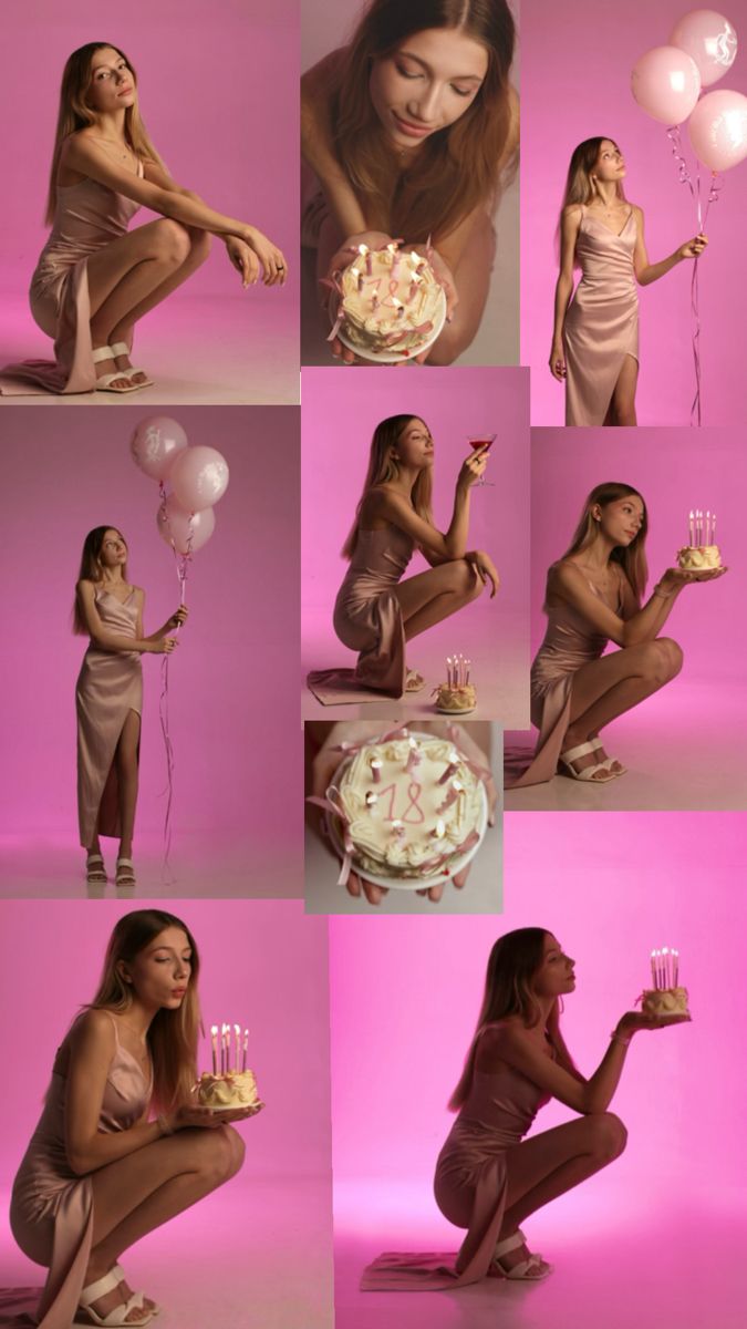 the woman is posing with her birthday cake and balloons