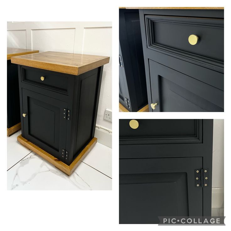 three different views of black cabinets with gold handles