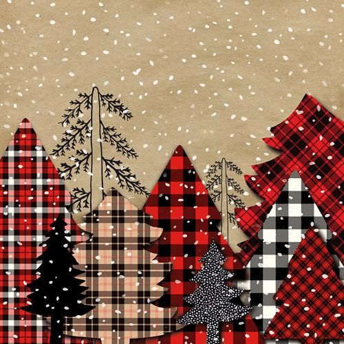 a christmas card with plaid trees and snow flakes on the bottom right corner is an old paper background