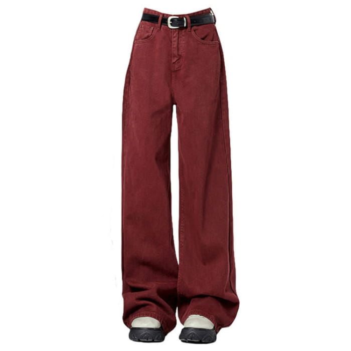 Wine Red Wide-Leg Jeans - S Indie Png Clothes, Pants Inspo Aesthetic, Red Jeans Aesthetic, Red Pants Aesthetic, Wine Red Clothes, Red Jeans Outfit Aesthetic, Png Outfits Aesthetic, Red Clothing Aesthetic, Red Clothes Aesthetic