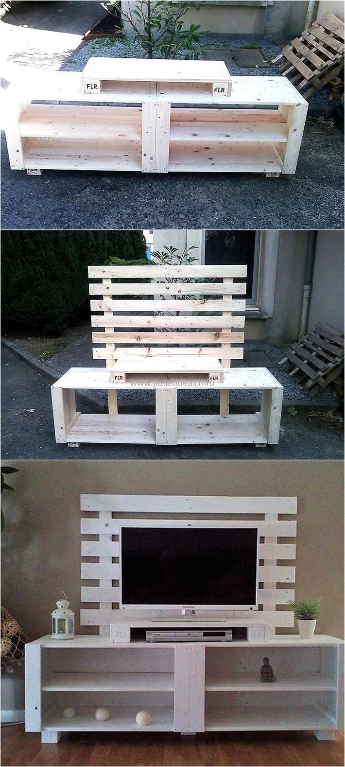 this is an image of a tv stand made out of pallets