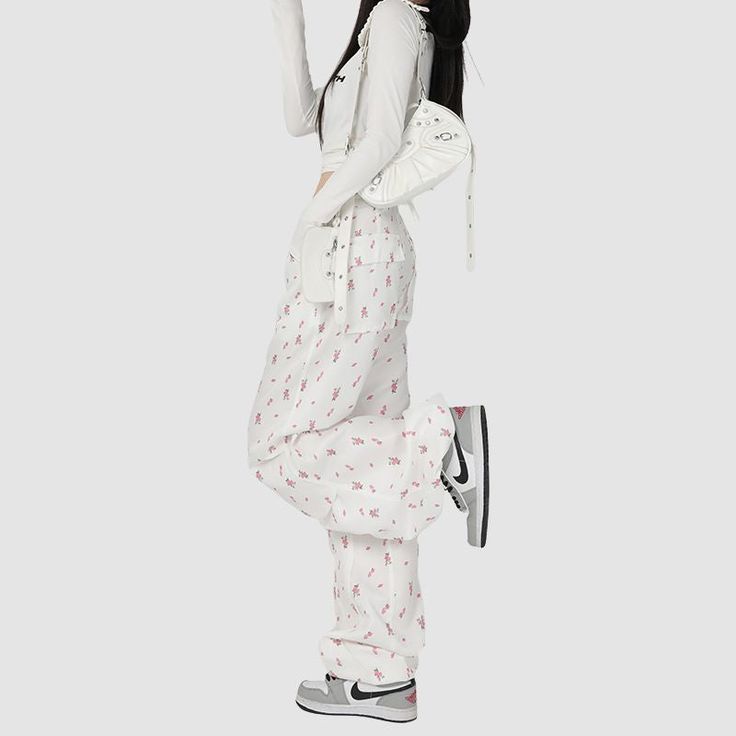 Material: 90-95% PolyesterFeatures: Pants, casual pants, parachute pants, wide legs, zipper front, solid color, flower pattern full printed, drawstring waist, straight-leg, relaxed fit, unisex, couple outfits.Style: Casual, college, streetwear