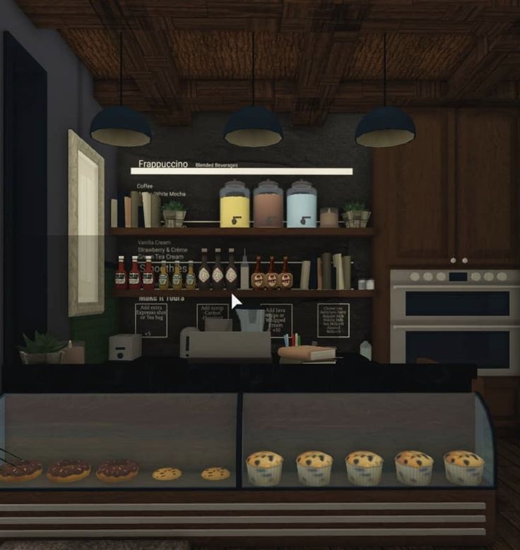 an animated view of a bakery counter with muffins on it