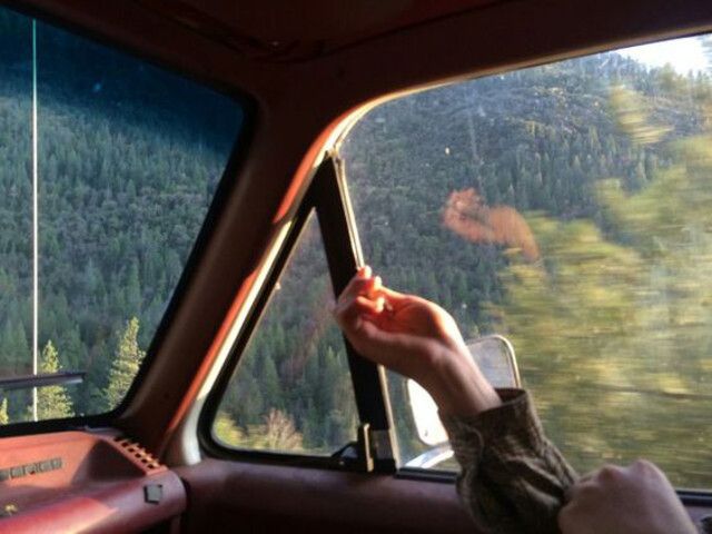 a person driving a truck with trees in the back ground and mountains in the background