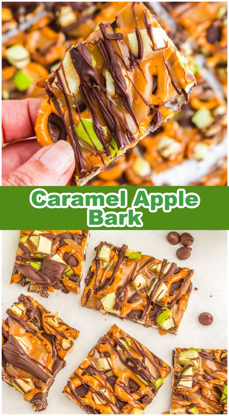 A woman's hand holding a piece of Apple Bark drizzled with chocolate and caramel. Carmel Apple Bites Snacks, Carmel Apple Pretzel Bark, Carmel Apple Sticks, Caramel Apple Balls, Caramel Apple Bites Easy, Caramel Apple Bark Dessert, Carmel Snacks, Caramel Apple Appetizer, Apple Pretzel Bark