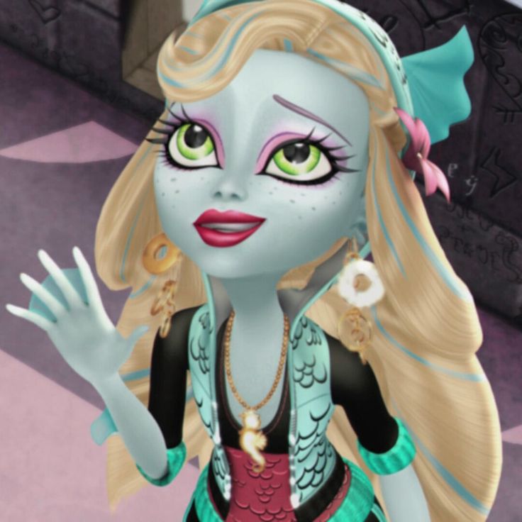 a cartoon character with long blonde hair and green eyes, wearing a blue dress holding her hand out