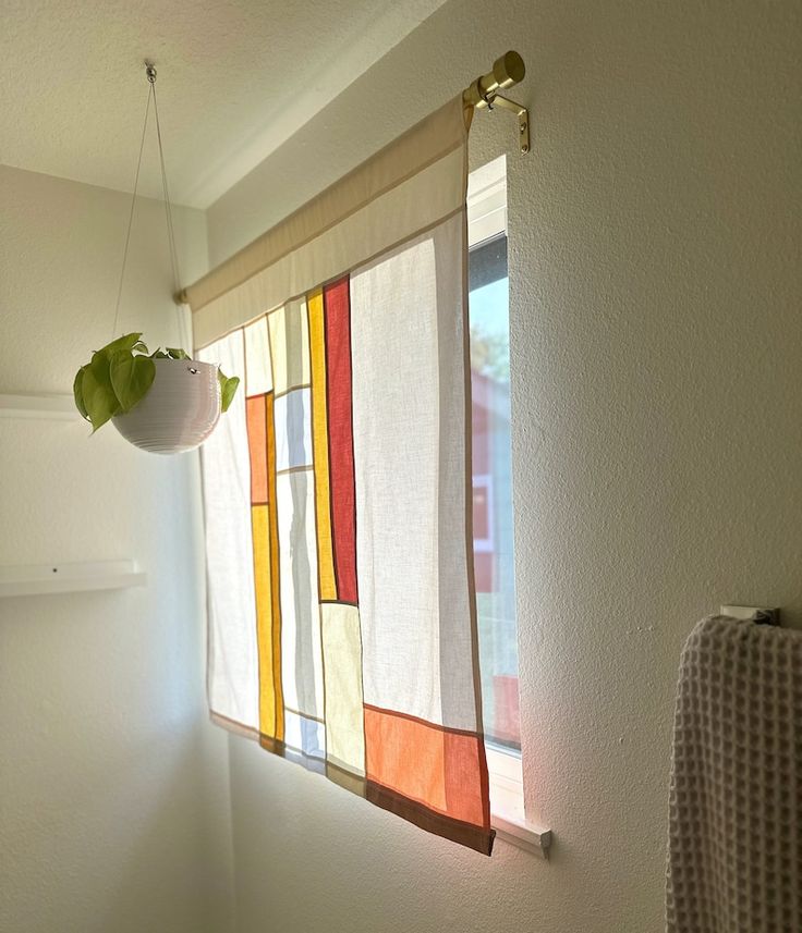 a bathroom window with a potted plant hanging from it's side, next to a towel rack