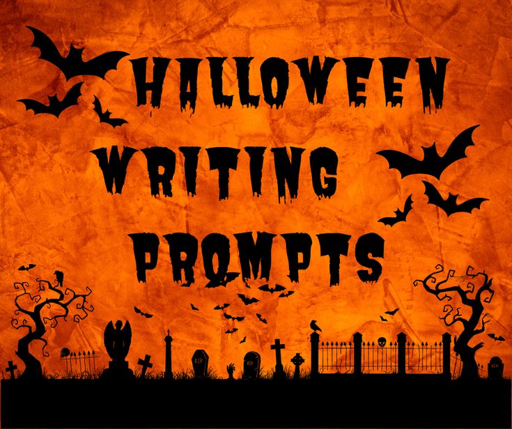 an orange background with bats and tombstones on it, says halloween writing prompts