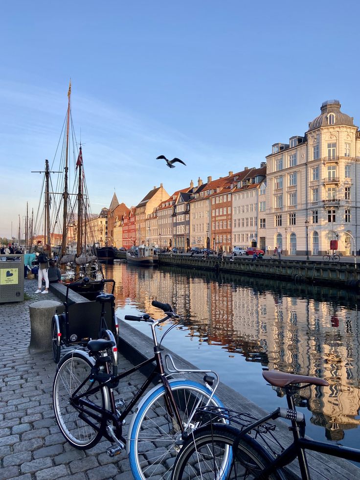 two bikes parked next to each other on the side of a body of water with buildings in the background