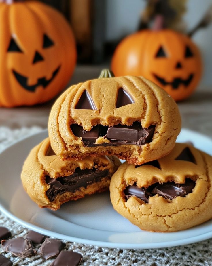 three pumpkin shaped cookies on a plate with chocolate chips