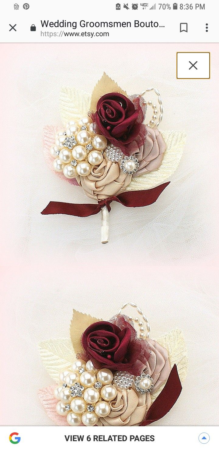 two pictures of wedding bouquets with pearls and roses on them, one in red and the other in white