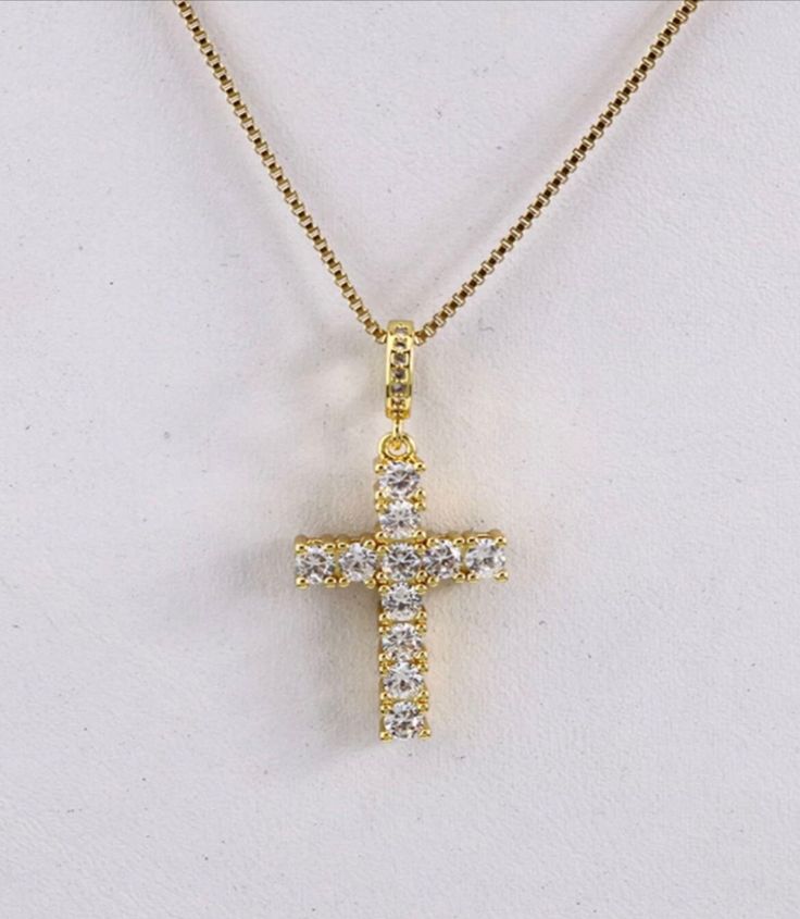 "18k Gold Plated \"Cross\" Pendant necklace cubic Zirconia diamonds 16 in stainless steel chain W/ 3in extender" Cubic Zirconia Round Pendant Necklace With Bling, White Gold Cubic Zirconia Diamond Necklace Tarnish Resistant, Diamond Cross Pendant Jewelry With Bling, Diamond White Cubic Zirconia Necklace With Bling, Tarnish Resistant Cubic Zirconia Diamond Pendant Necklace, Crystal Cross Jewelry With Adjustable Chain, Tarnish Resistant Cubic Zirconia Pendant Necklace, Tarnish Resistant White Gold Cubic Zirconia Necklace, Clear Cubic Zirconia Cross Pendant Necklace