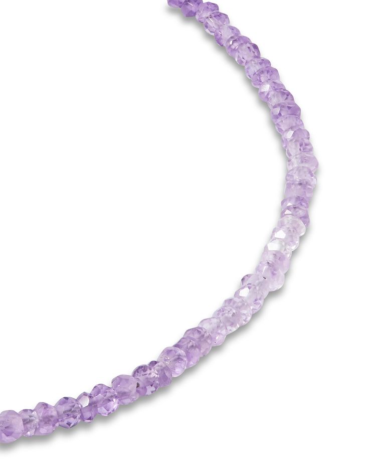 Natural amethyst crystal beads hand strung in New York City and finished with 14 karat yellow gold. Amethyst 14 karat gold Amethyst Briolette Jewelry With Natural Stones, Rondelle Amethyst Beaded Bracelets With Natural Stones, Briolette Amethyst Jewelry With Natural Stones, Amethyst Gemstone Beaded Bracelets, Amethyst Beaded Bracelets With Faceted Beads, Round Amethyst Beaded Bracelets With Faceted Beads, Amethyst Jewelry With Natural Stones In Briolette Shape, Purple Amethyst Beaded Jewelry, Adjustable Amethyst Jewelry With Polished Beads