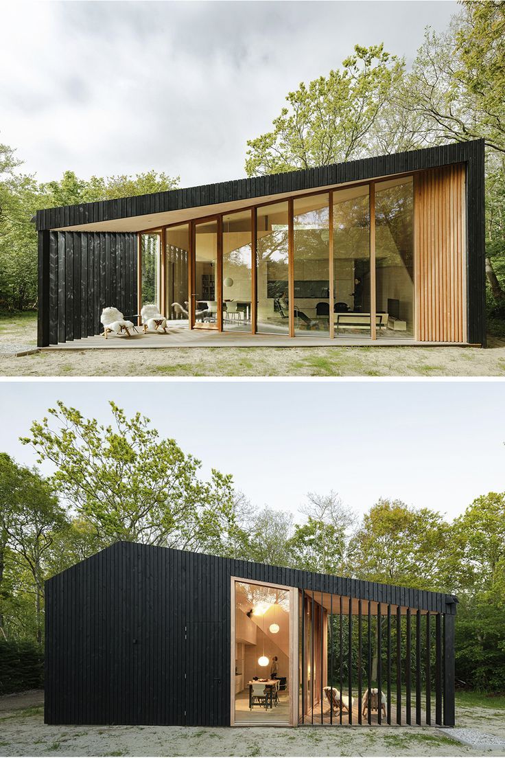 two pictures of the inside and outside of a black house with wood sidings on it