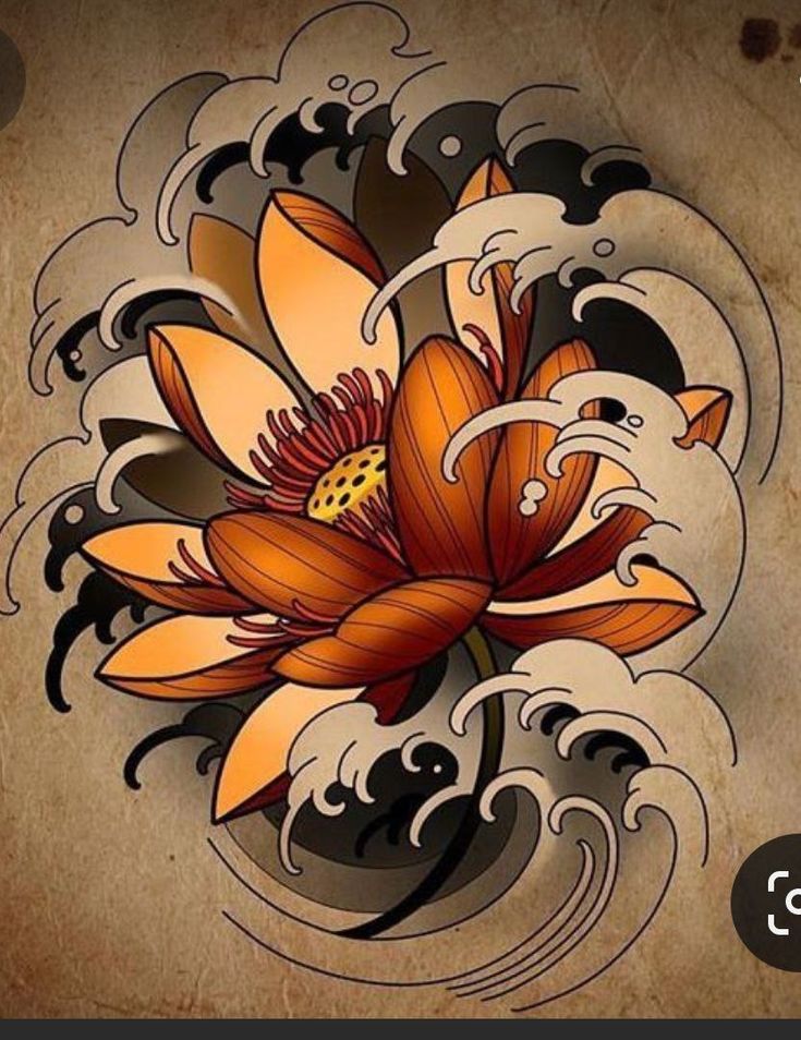 an orange flower with white swirls in the center on a brown background and black text below it