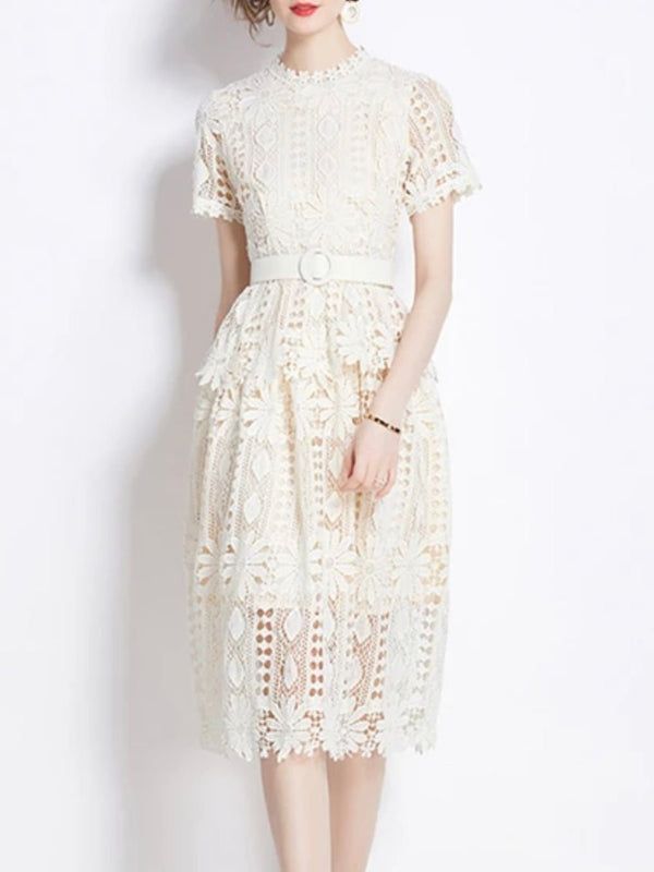 Knee-length Embroidered Dress For Formal Summer Occasions, Elegant Knee-length Embroidered Summer Dress, Formal Embroidered Knee-length Dress For Summer, Knee-length Lace Patchwork Midi Dress For Wedding, Formal Midi Dress With Scalloped Lace, Formal Scalloped Lace Midi Dress, Knee-length Lace Patchwork Wedding Midi Dress, Fitted Tea Length Dress With Scalloped Lace, Fitted Scalloped Lace Tea-length Dresses