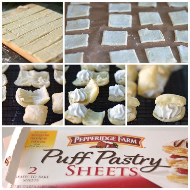 there are pictures of different pastries on the baking sheet and in front of them is a box of pepperidge farm's puff pastry sheets