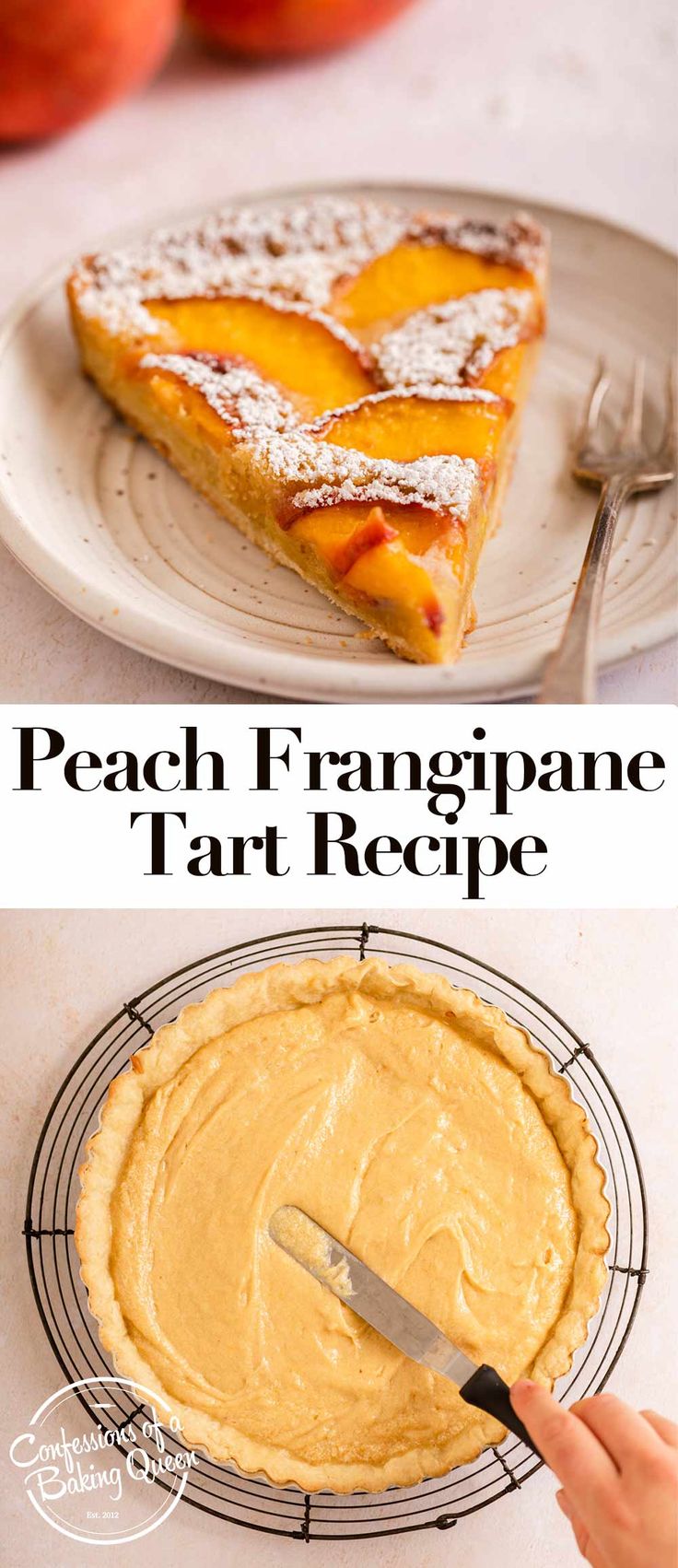 peach frangane tart recipe with text overlay