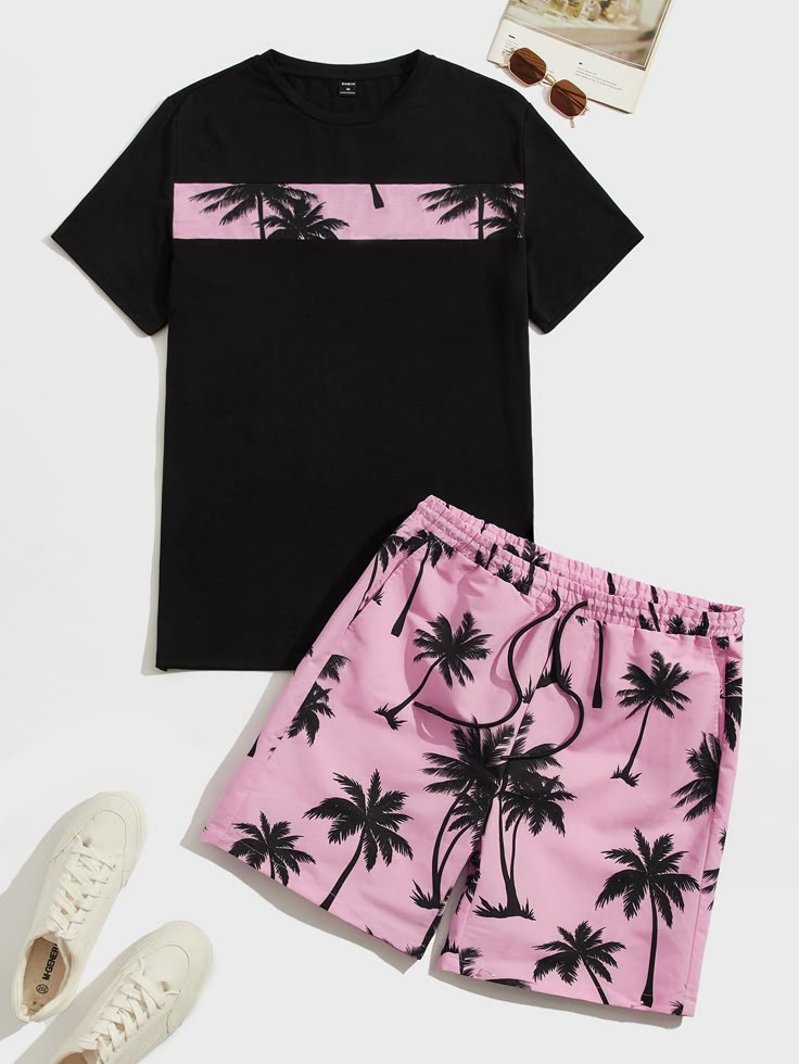 Multicolor Vacation Collar Short Sleeve  Tropical  Embellished Slight Stretch  Men Co-ords Summer Beach Sets With Graphic Print, Pink Short Sleeve Sets For Beach Season, Casual Black Sets For Beach Season, Dye Plants, Summer Work Dresses, Mens Shorts Outfits, Hype Clothing, Stylish Hoodies, Drawstring Waist Shorts