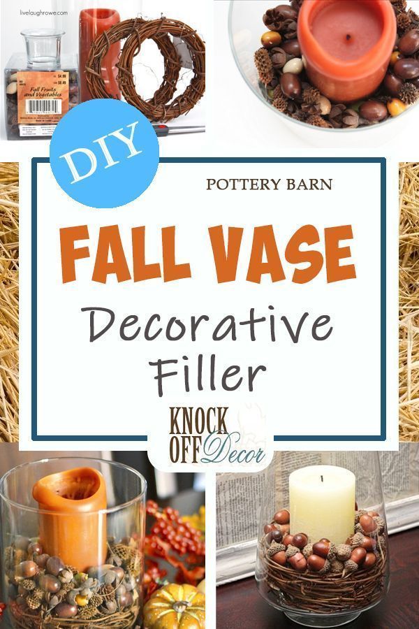 fall vase decorating filler with candles and pumpkins in the center, surrounded by hay