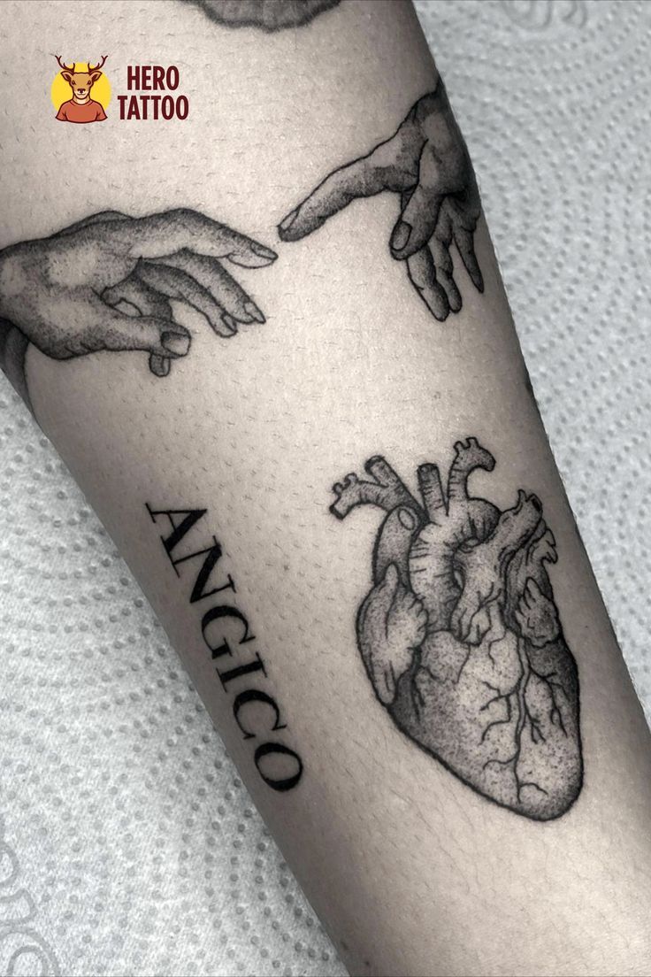 tattoos on the legs of people with hands reaching out to touch an organ and heart