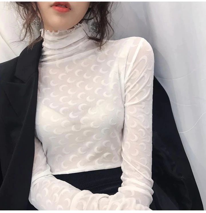 Sexy Long Sleeve Moon Pattern See Through Turtleneck Shirt – Nada Outfit Land White High Neck Top For Layering, White Trendy Turtleneck Top, Trendy White Turtleneck Top, Christmas Outfit Party, Winter Outfits Christmas, Winter Outfits Casual, Women Turtleneck, Moon Pattern, Outfit Party