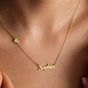 14k Solid Gold Name Necklace Personalized Name Necklace - Etsy Customized Nameplate Necklaces For Anniversary, Custom Yellow Gold Names Necklace For Gifts, Name Pendant Necklaces For Anniversary, Name Pendant Necklace For Anniversary, 14k Gold Name Jewelry For Valentine's Day, Custom 14k Gold Name Necklace For Gift, Custom Name Pendant Necklace As Personalized Gift, Yellow Gold Necklaces With Names For Anniversary, Custom 14k Gold Necklace With Name For Gift