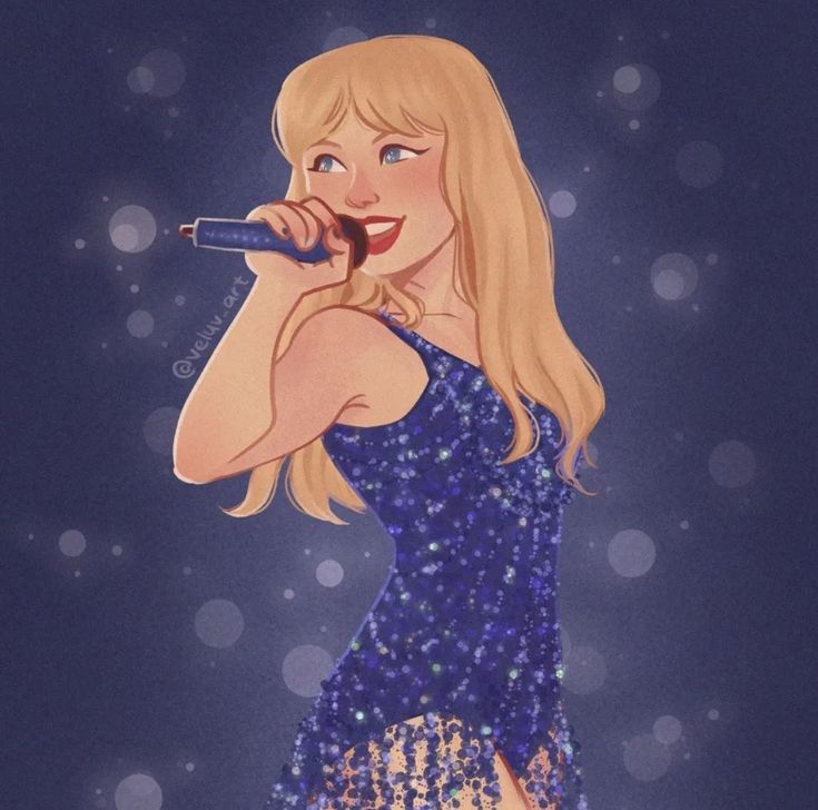 a painting of a woman in a blue dress holding a microphone and singing on stage