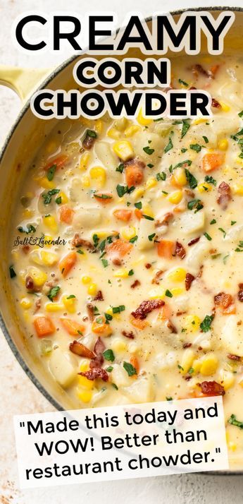 a large pot filled with corn chowder next to a sign that says creamy corn chowder