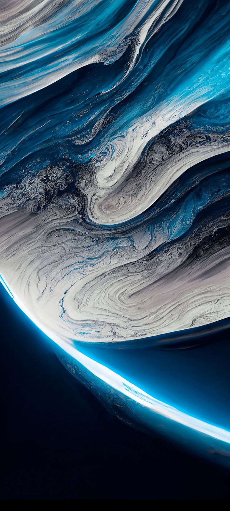 an abstract painting with blue and white waves in the water, as seen from space