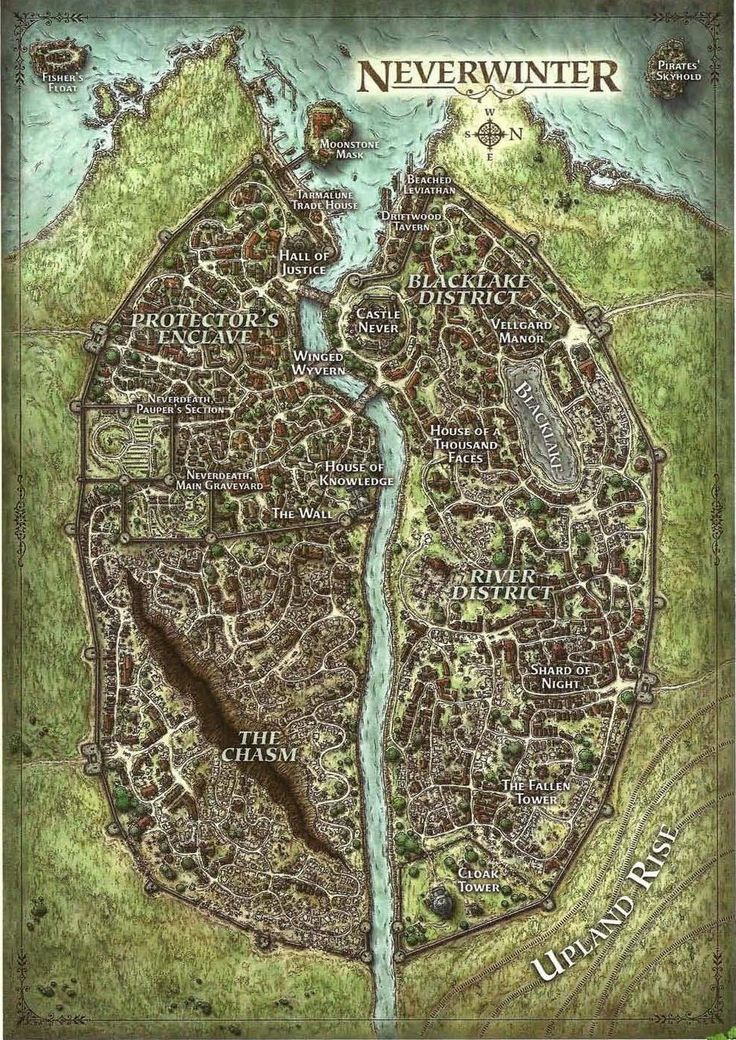 a map of the city of neverwinter, with lots of water and land