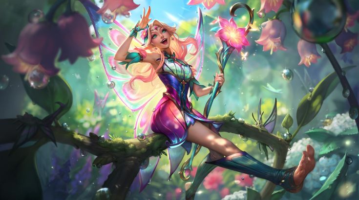 a woman dressed as a fairy sitting on a branch with flowers in her hand and holding a wand