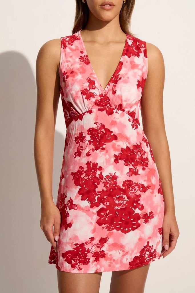 Nadja Mini Dress Rosella Floral - Faithfull the Brand Feminine Sleeveless V-neck Summer Dress, Spring V-neck Dress With Flattering Silhouette, Feminine V-neck Mini Dress With Tie Back, Elegant Sleeveless Floral Print V-neck Dress, Feminine V-neck Mini Dress For Vacation, Summer V-neck Dress With Tie Back, Chic V-neck Mini Dress With Tie Back, Summer V-neck Dress With Notched Neckline For Date Night, Fitted V-neck Dress With Flattering Silhouette For Summer