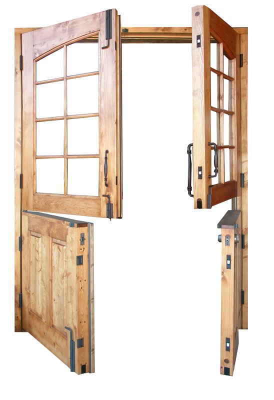 an open wooden door and window on a white background