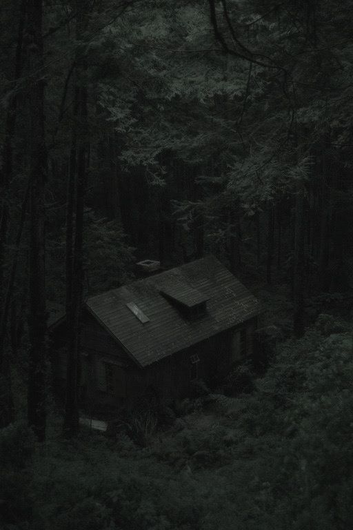 an old house in the middle of a forest with dark trees and leaves around it