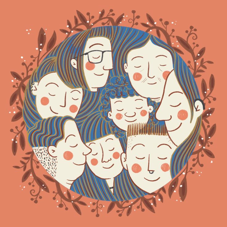 a group of people with their heads together in a circular pattern on an orange background