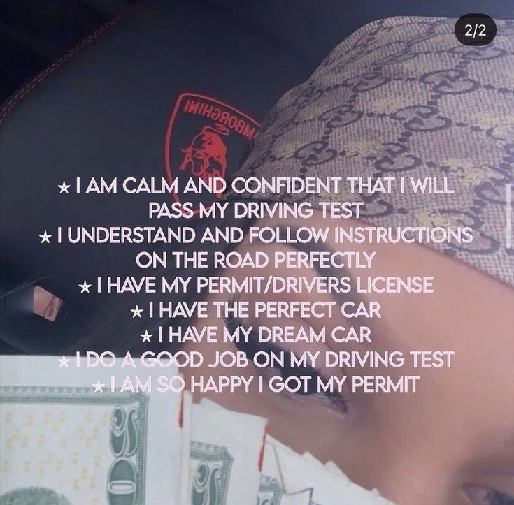 a person wearing a beanie and driving cap with the words, i am calm and confident that i will pass my driving test