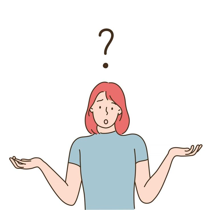 a woman with red hair is holding out her hands and looking at the question mark above her head