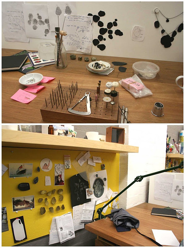 two pictures of the same desk with various objects on it and in front of each other