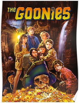 the goonies movie poster on a black background with an image of some people in front