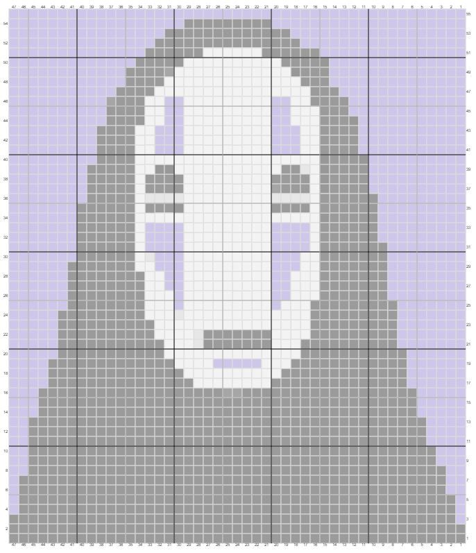 a cross stitch pattern with the face of a person wearing a hoodie in grey and white