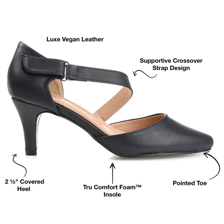 The Tillis heel in wide-width from Journee offers a bold take on a classic faux leather d'Orsay, topped with a crossover strap. The comfortable wide-width footbed and gives you the chance to be on the go all day. • Pointed-Toe • Crossover Strap with an Adjustable Belt-Loop Closure • 4 mm Tru Comfort Foam™ Footbed • Wide-Width • 2 1/2-in Pump Heel • Faux Leather Uppers All measurements are approximate and were taken using a size 6. Please note measurements may vary slightly by size. Mid Heels Pumps, Let You Go, Black Pumps Heels, Shoe Last, Blue Pumps, Classic Pumps, Pointed Toe Heels, Wide Fit Boots, Pump Dress