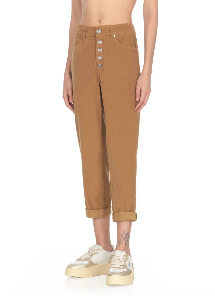 - Brown Dond Up pants for woman - Belt loops - Five pockets - Front zip and logoed buttons fastening - All-over corduroy pattern - Rear leather logo - Rear metal monogramComposition: 66% Cotton, 32% Lyocell, 2% Elastane Brown Straight Leg Pants With Button Closure, Brown Tapered Leg Bottoms With Button Closure, Brown High-waisted Pants With Patch Pockets, Brown High-waisted Bottoms With Patch Pockets, Brown Tapered Leg Pants With Button Closure, Utility Style Corduroy Straight Leg Bottoms, Utility Corduroy Straight Leg Bottoms, Corduroy Workwear Bottoms With Five Pockets, Corduroy Straight Leg Utility Bottoms