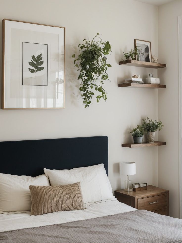 a bed with white sheets and pillows in a bedroom next to two plants on the wall