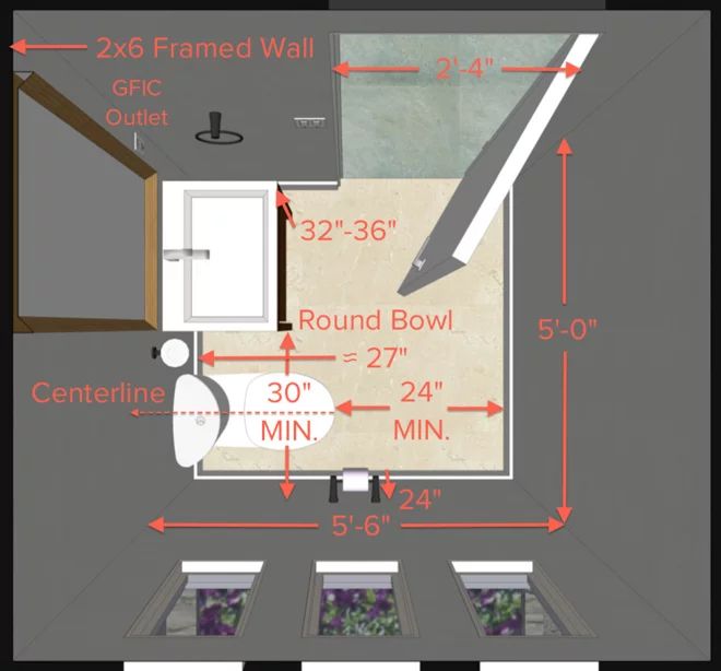 a bathroom with measurements for the wall and floor