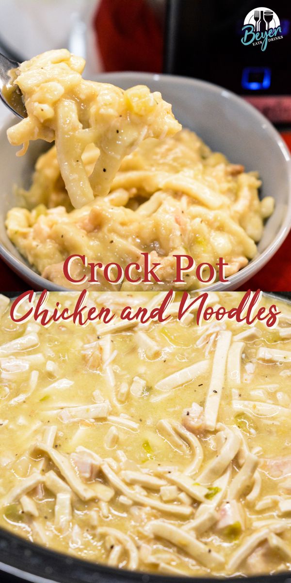 the crock pot chicken and noodles recipe is ready to be eaten with a spoon