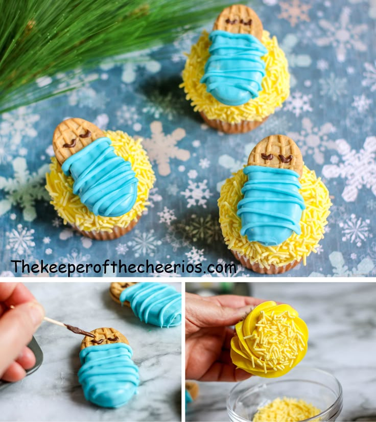 there is a collage of pictures showing how to make cupcakes with icing