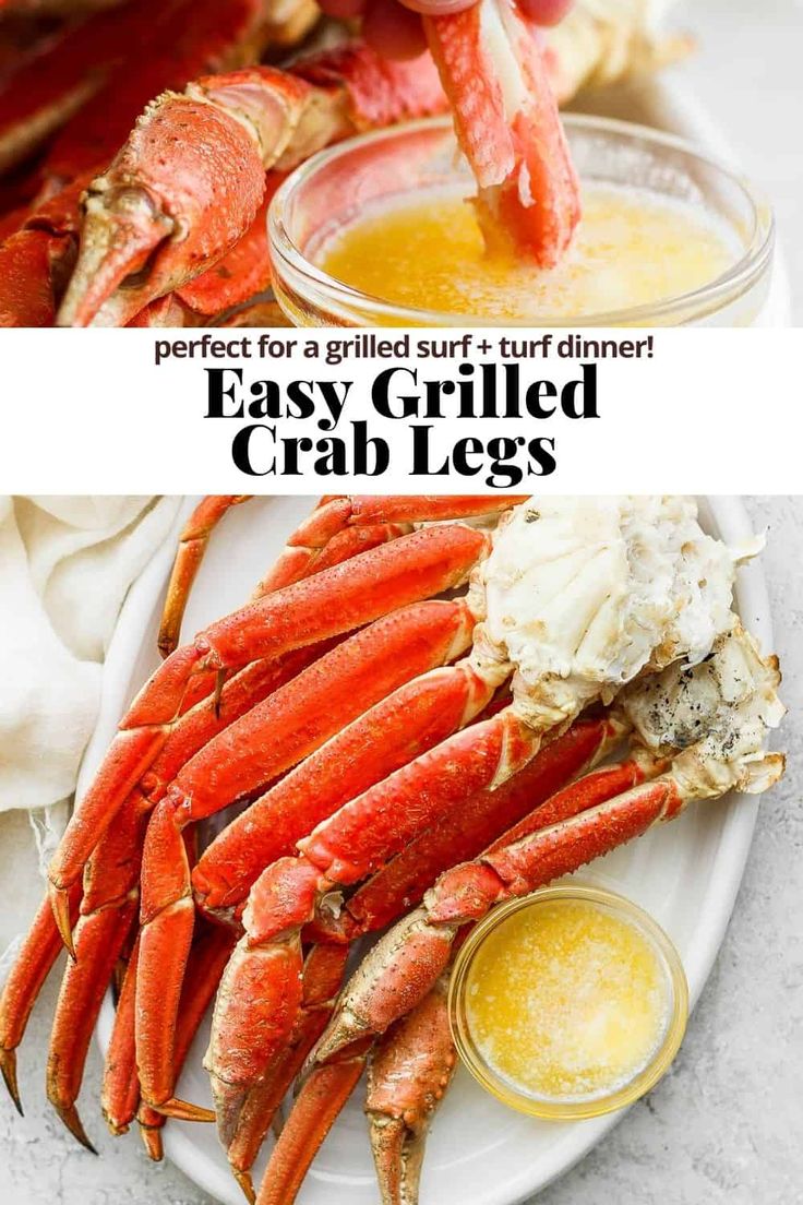 lobsters and crab legs on a plate with dipping sauce