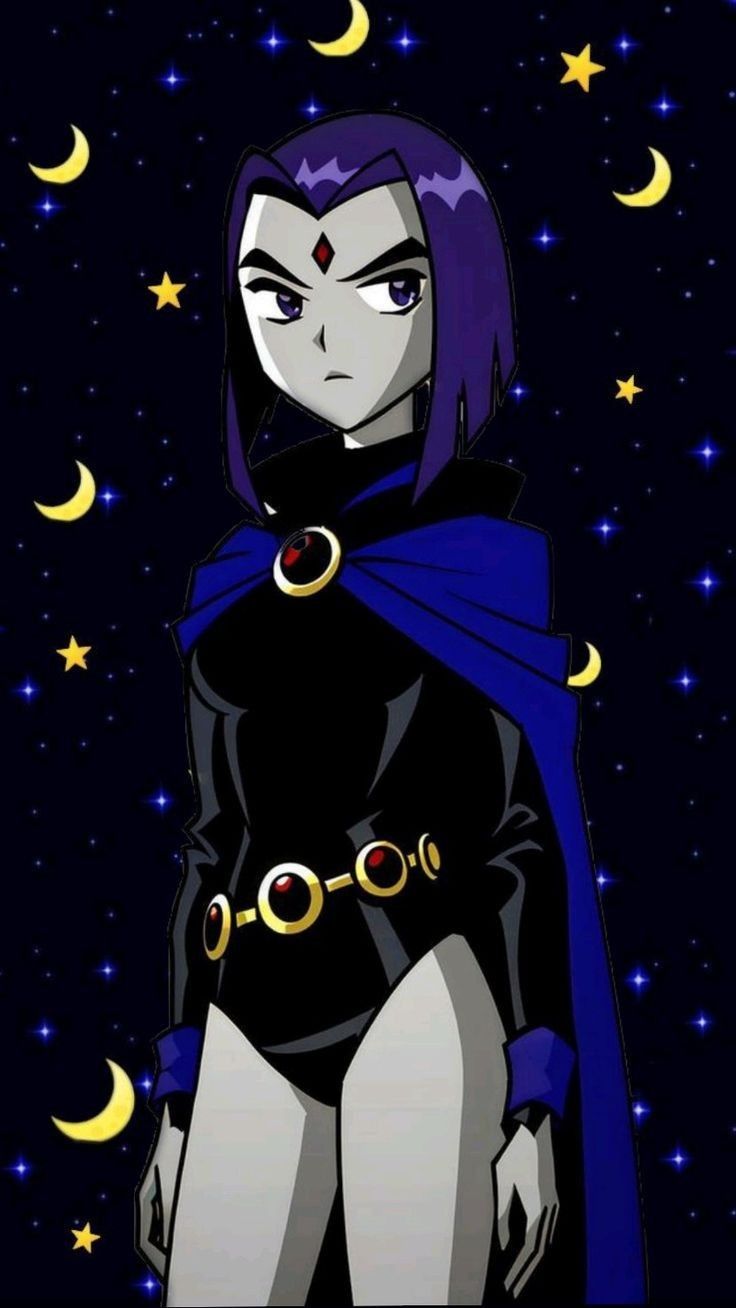 an animated image of a woman in black and blue outfit with stars on the background