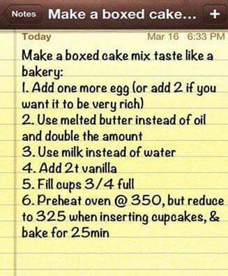 a notepad with instructions on how to make a boxed cake in 3 minutes or less